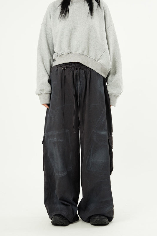 Oil Washed Back Cargo Wide Banding Pants
