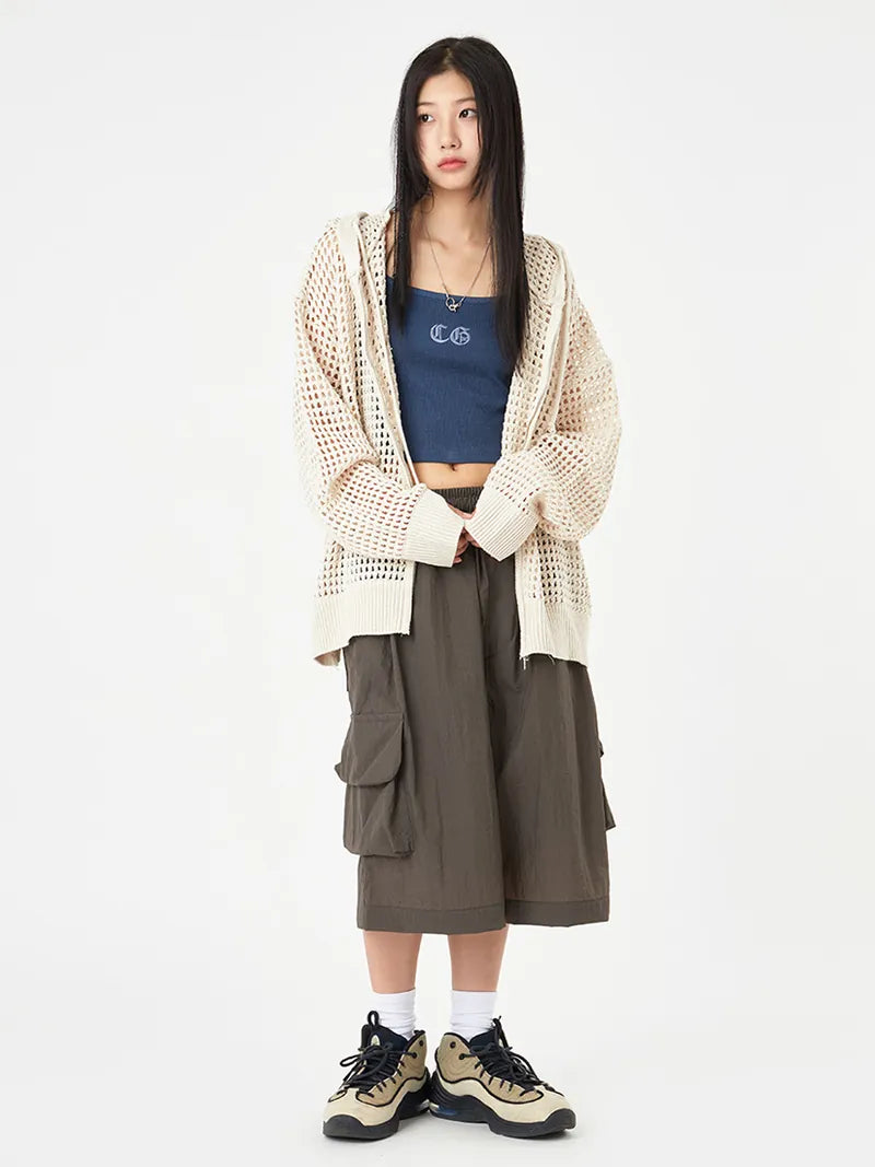 Mesh Summer Two-Way Knit Hooded Zip-Up