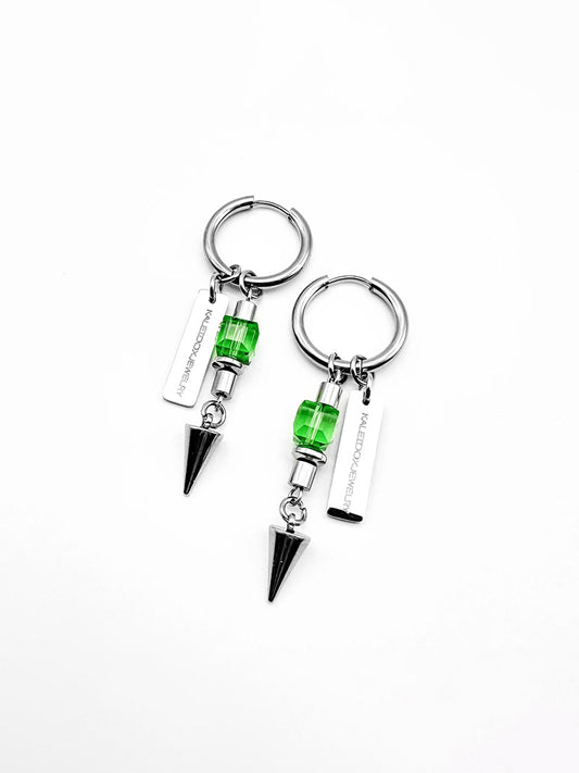 Logo green square beads & spikes earrings