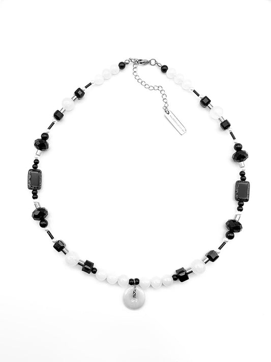 Little white jade pendant and black beads mix necklace