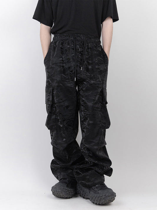 Leather cracked elastic wide trousers