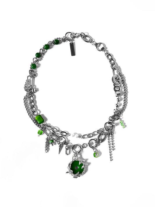 Soldered jade pendant chain swirl necklace