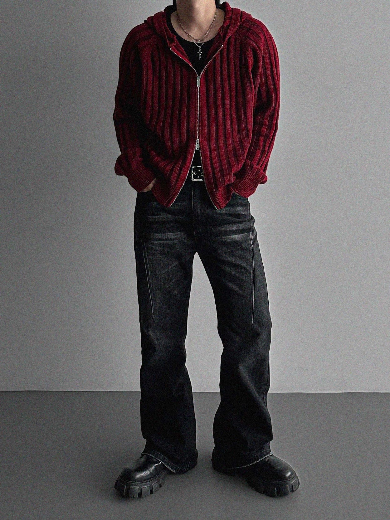 Wool knit hooded zip-up