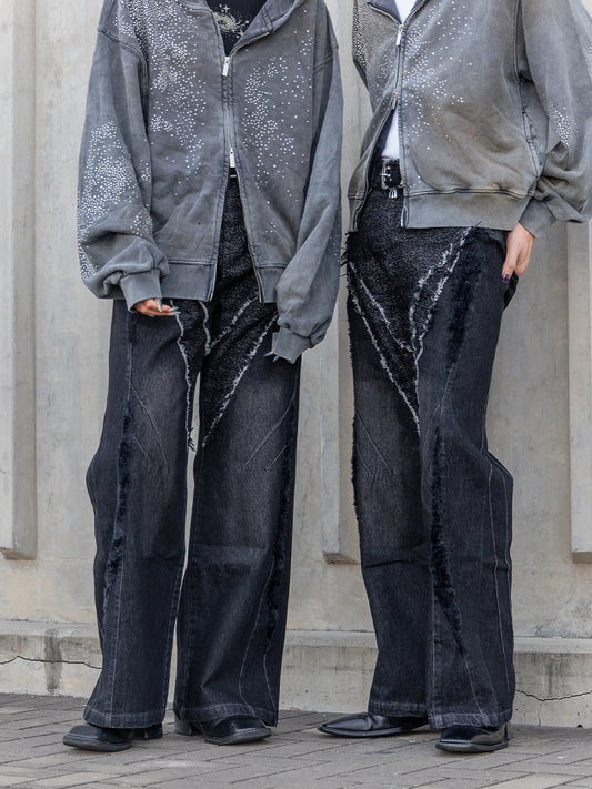 Vintage distressed plush patchwork wide-leg jeans