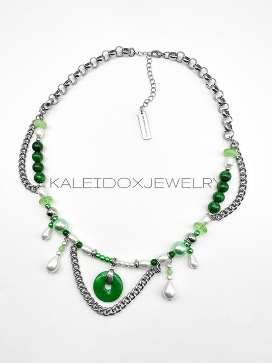 Jade pearl teardrop chain necklace