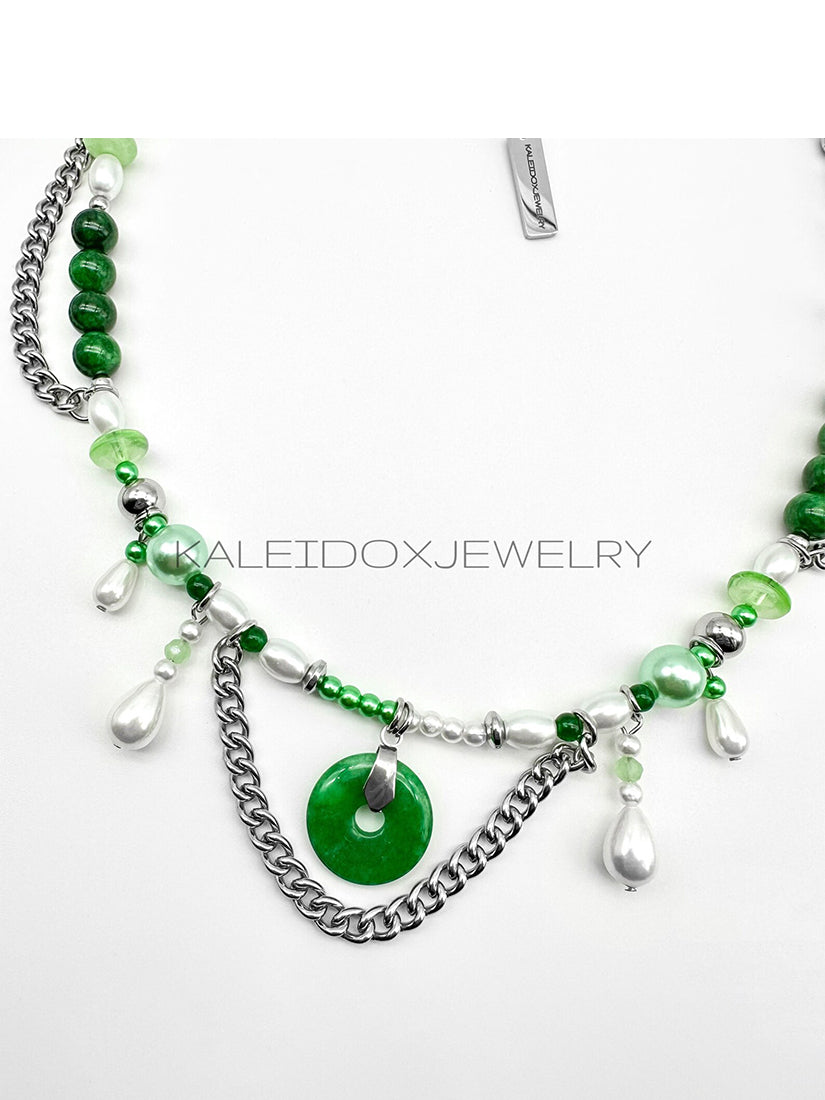 Jade pearl teardrop chain necklace
