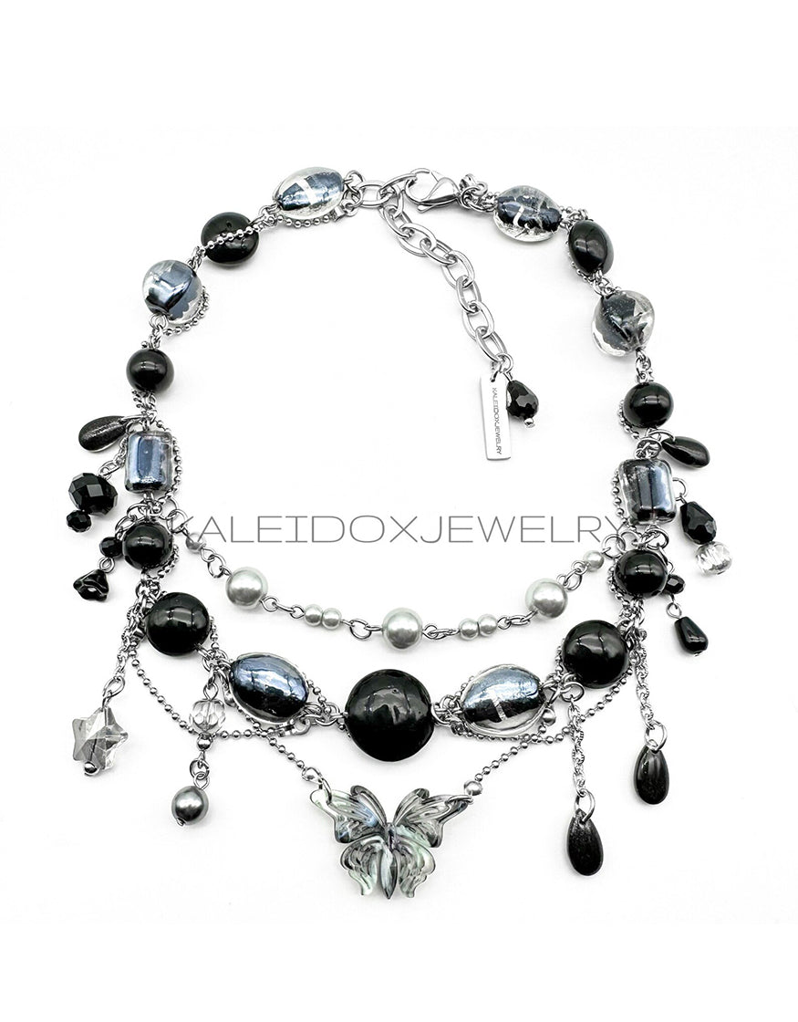 Butterfly Pendant Black Beads Necklace