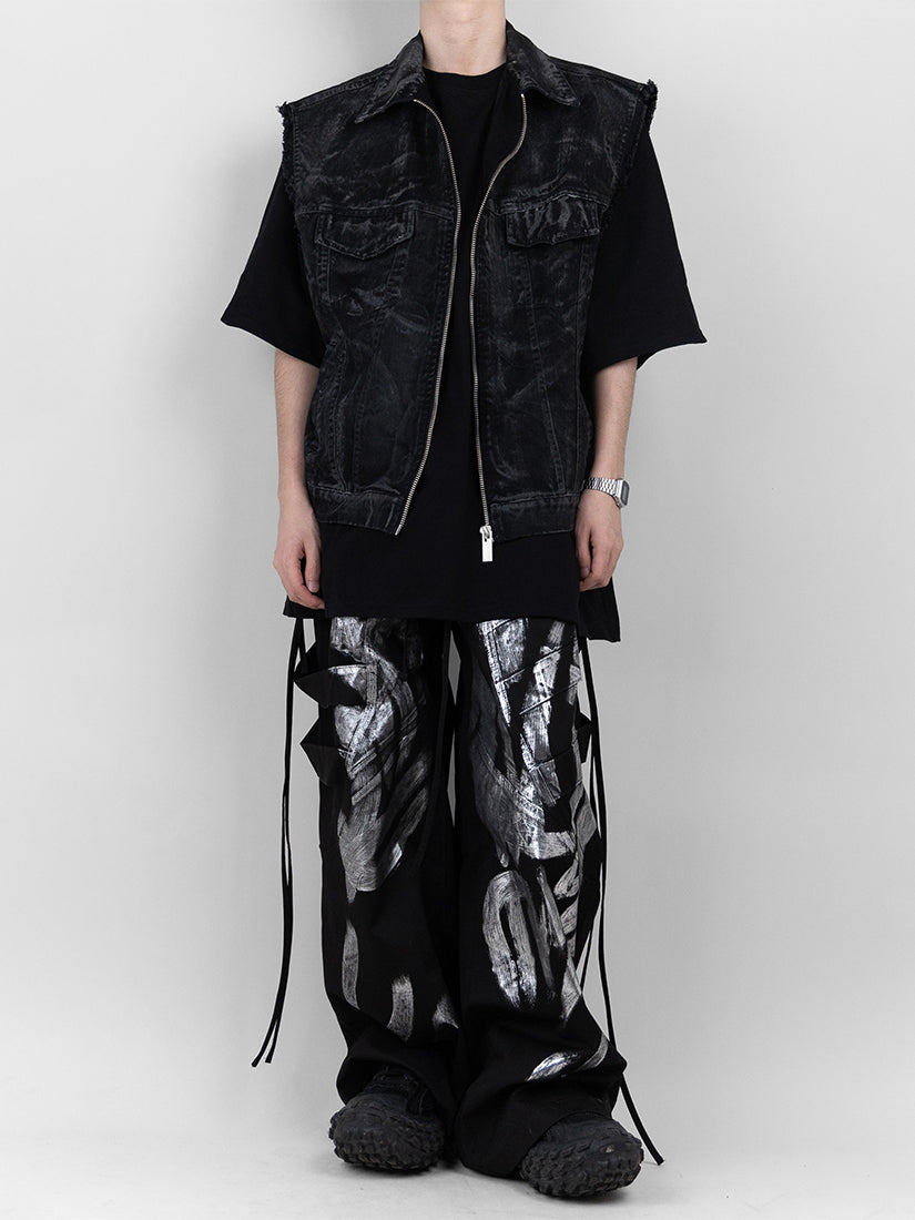 Brushed Silver Ribbon Drawstring Wide Pants
