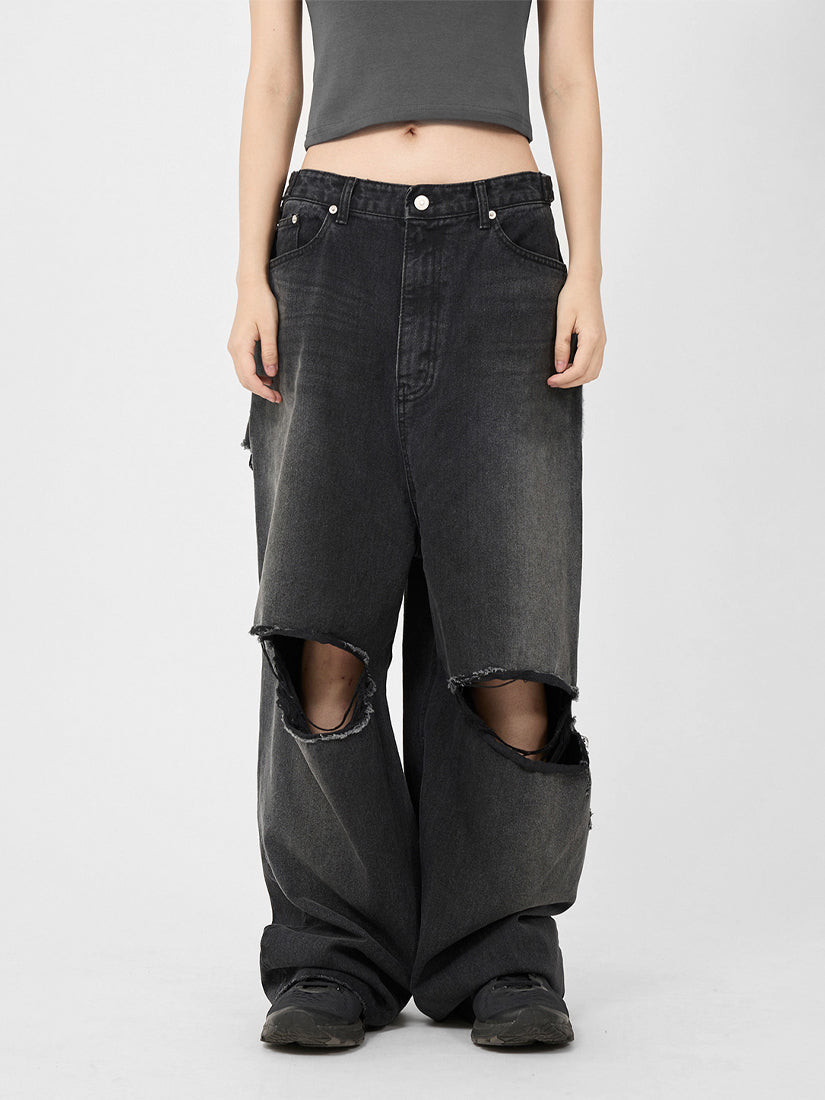 Black Skater Destroyed Wide Denim Pants