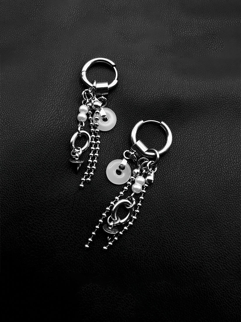 White ring pendant double ball chain spikes earrings