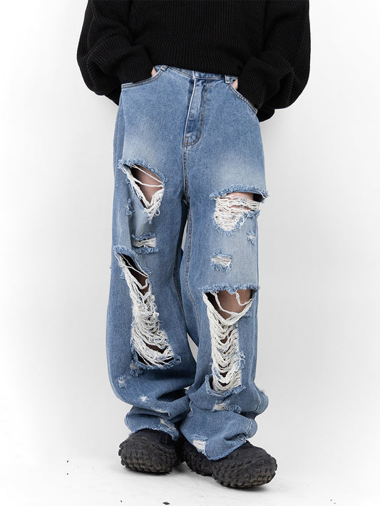 Destroyed Blue Wide Denim Pants