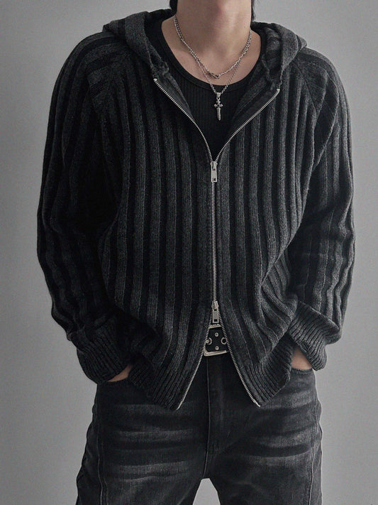 Wool knit hooded zip-up