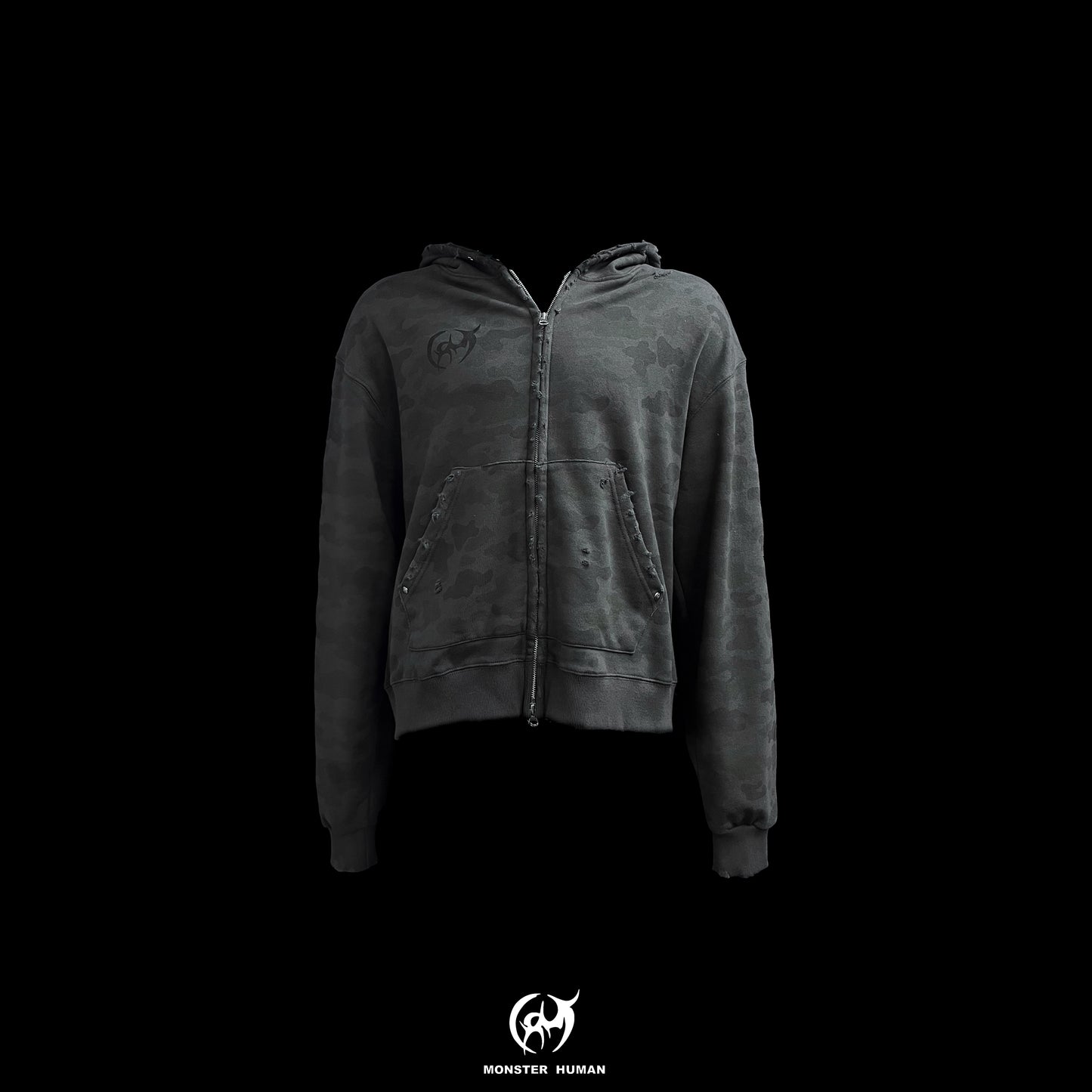 Camo Damaged Print Hooded Zip-up