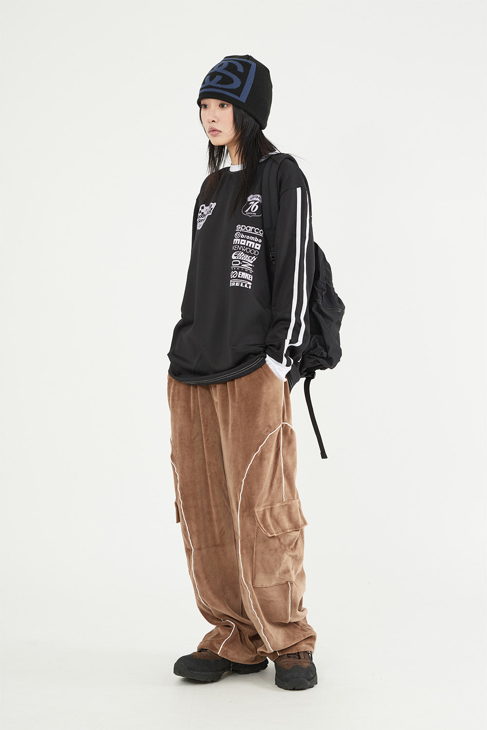 Curve piping velor cargo banding pants 