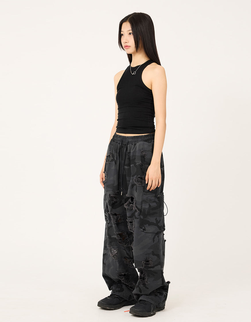 Camo Destroyed Cargo String Bendable Pants