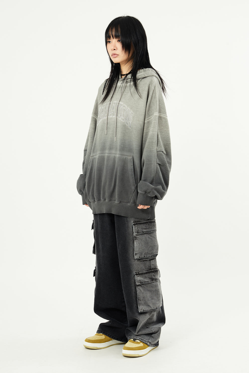 Heavy multi-cargo side brushed denim pants 