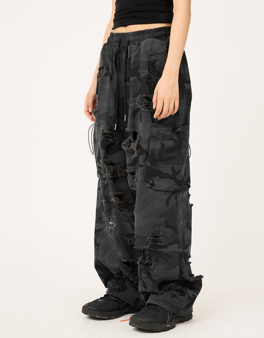 Camo Destroyed Cargo String Bendable Pants