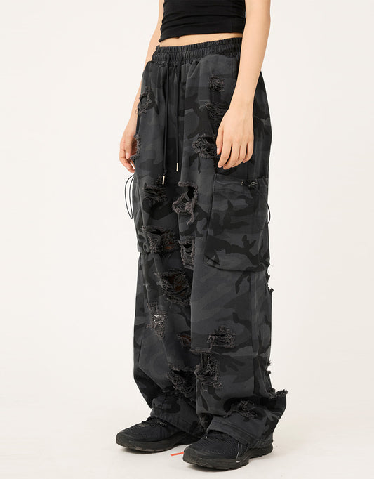 Camo Destroyed Cargo String Bendable Pants 