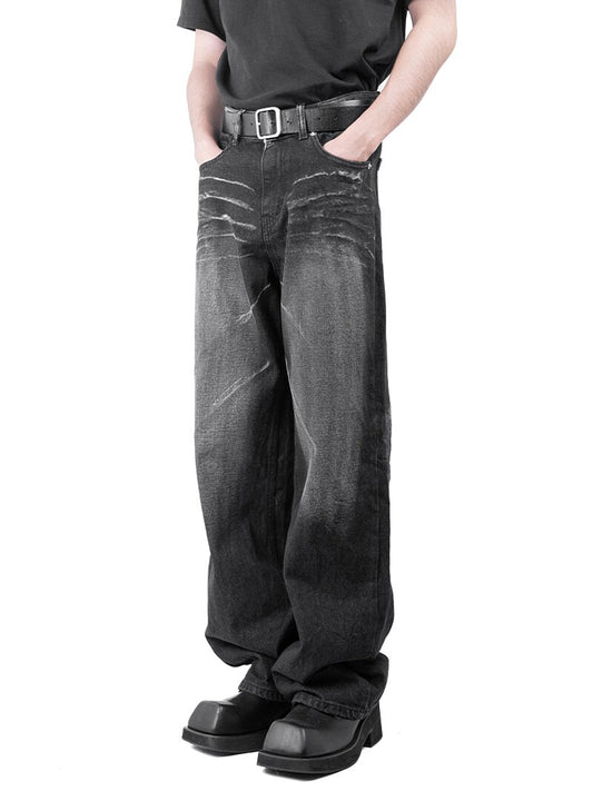 Smear Washing Dark Loose Denim Pants 