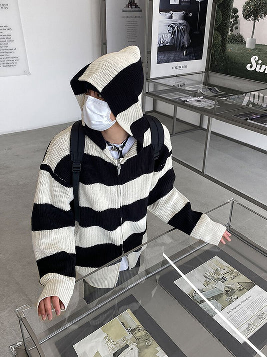 2Way Stripe Hood KNIT Zip-Up 