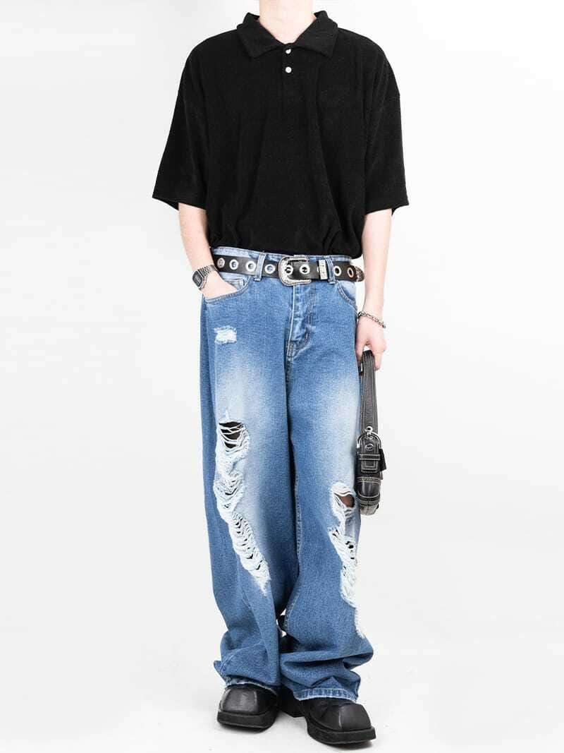 Over Wide Distressed Washed Denim Pants 
