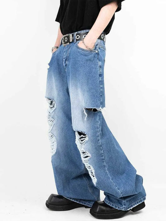 Over Wide Distressed Washed Denim Pants 