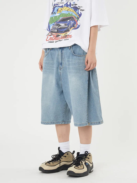 Side Pintuck Snap Wide Denim Half Pants