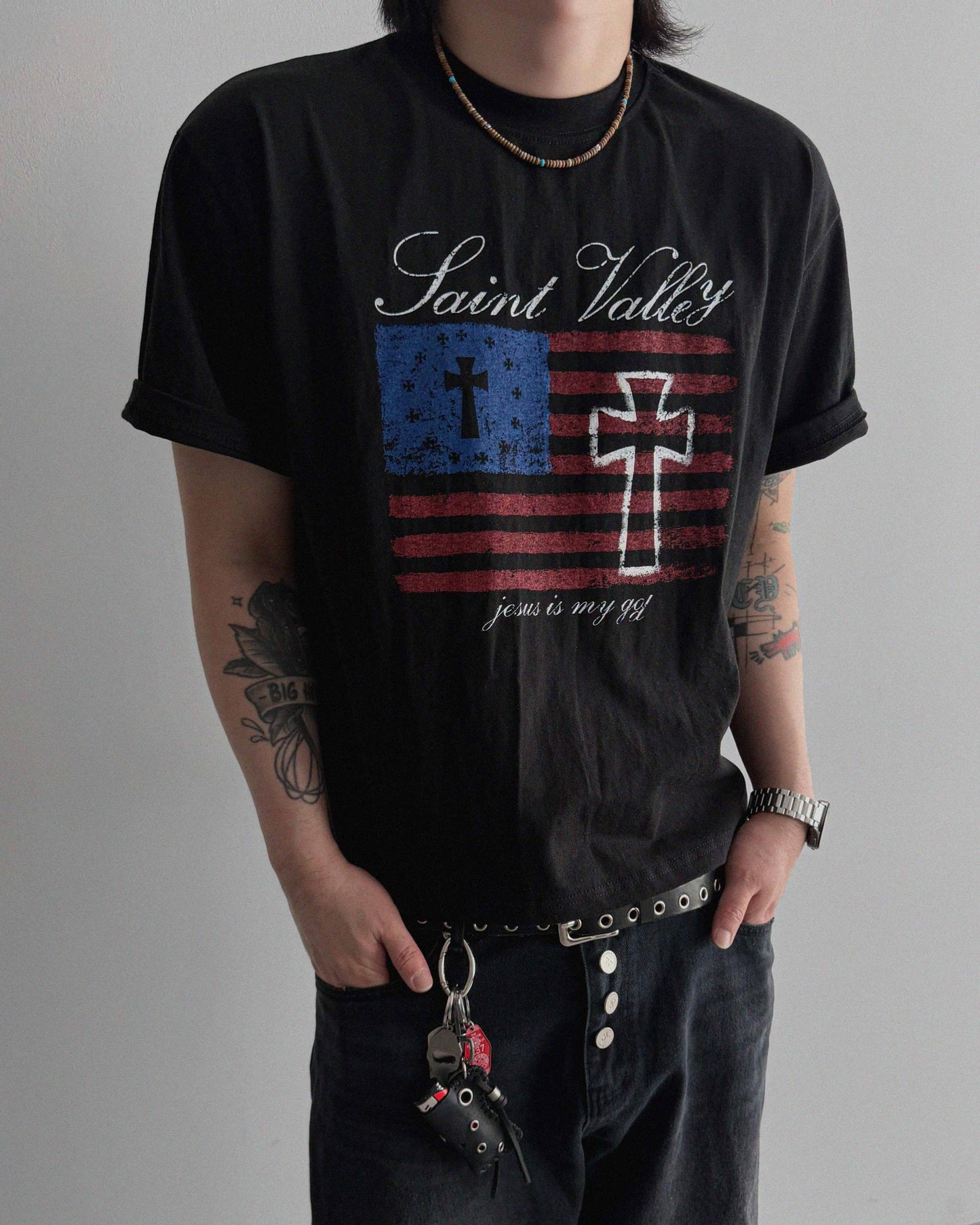 Cross and Stripes crop half t-shirt