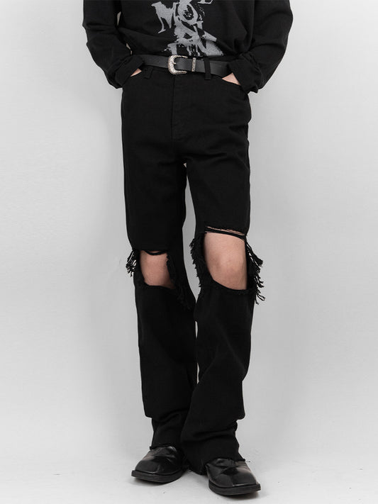 Black Distressed Knee Washed Jeans 