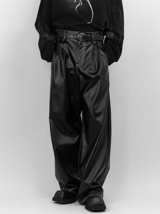 Stitches Wide Leather Pants 