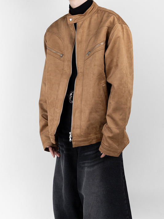 Zipper Tweed Suede Biker Jacket