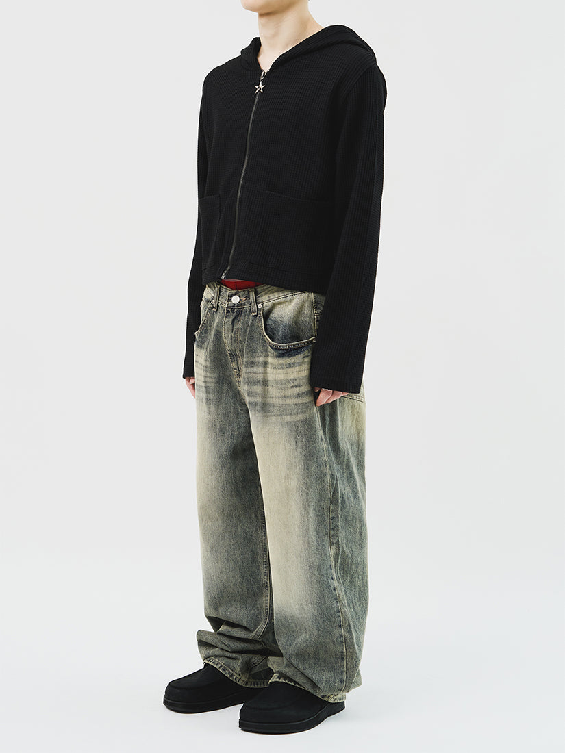 Sag Waffle Cropped Zip Hoodie