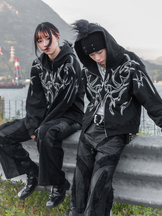 Hip-hop Short Loose Printed Hooded Zipper Sweatshirt