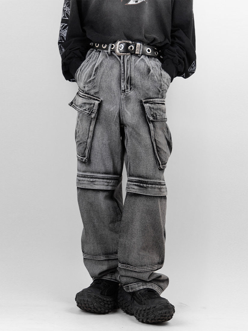 Multi cargo wide denim pants 