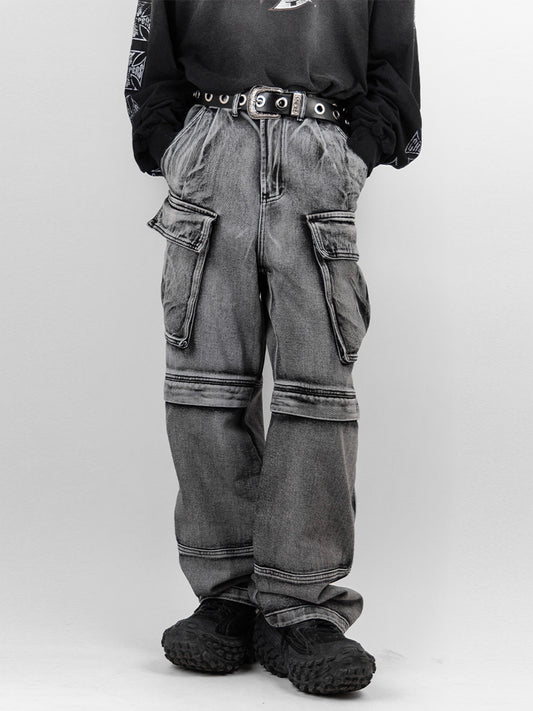 Multi cargo wide denim pants 
