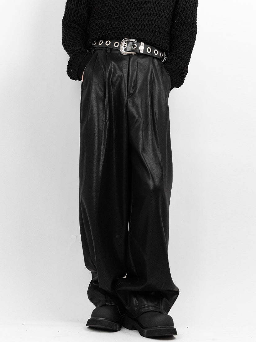 Two Tuck Wide Balloon Leather Pants 
