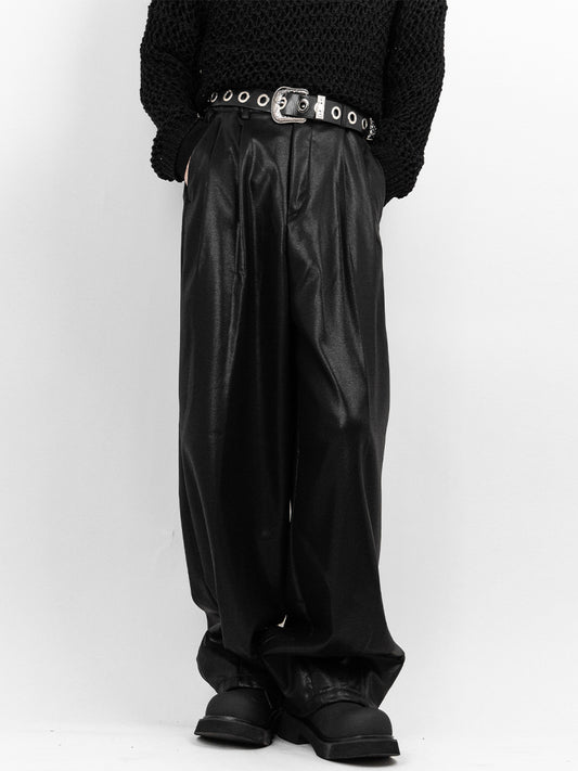 Two Tuck Wide Balloon Leather Pants 