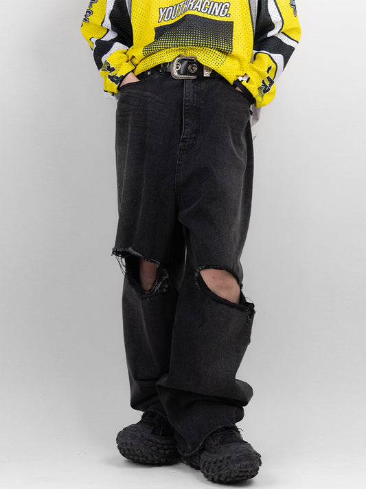 Black Skater Destroyed Wide Denim Pants 