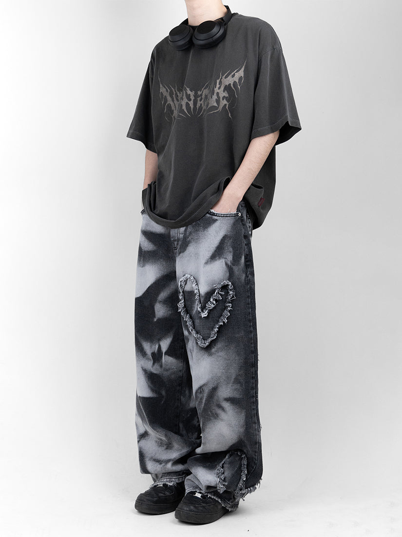 Heart Embroidered Denim Pants