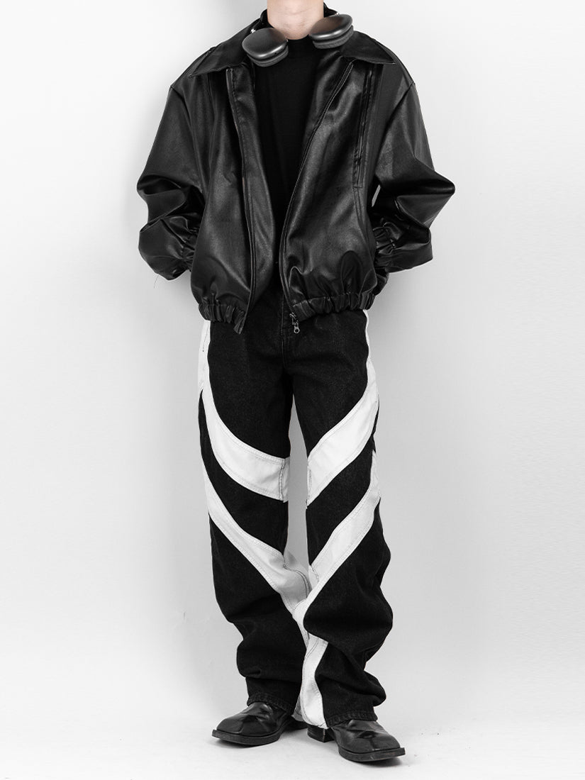 Leather Wave Denim Pants 