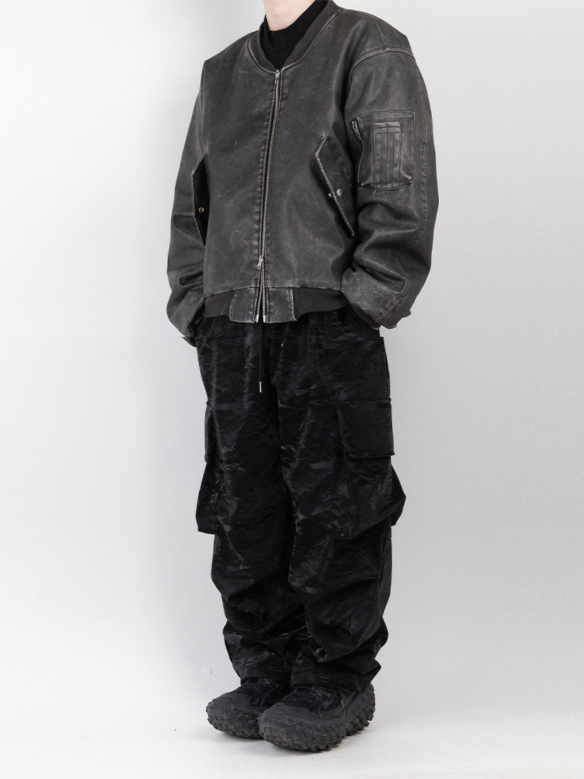 Leather cracked elastic wide trousers 