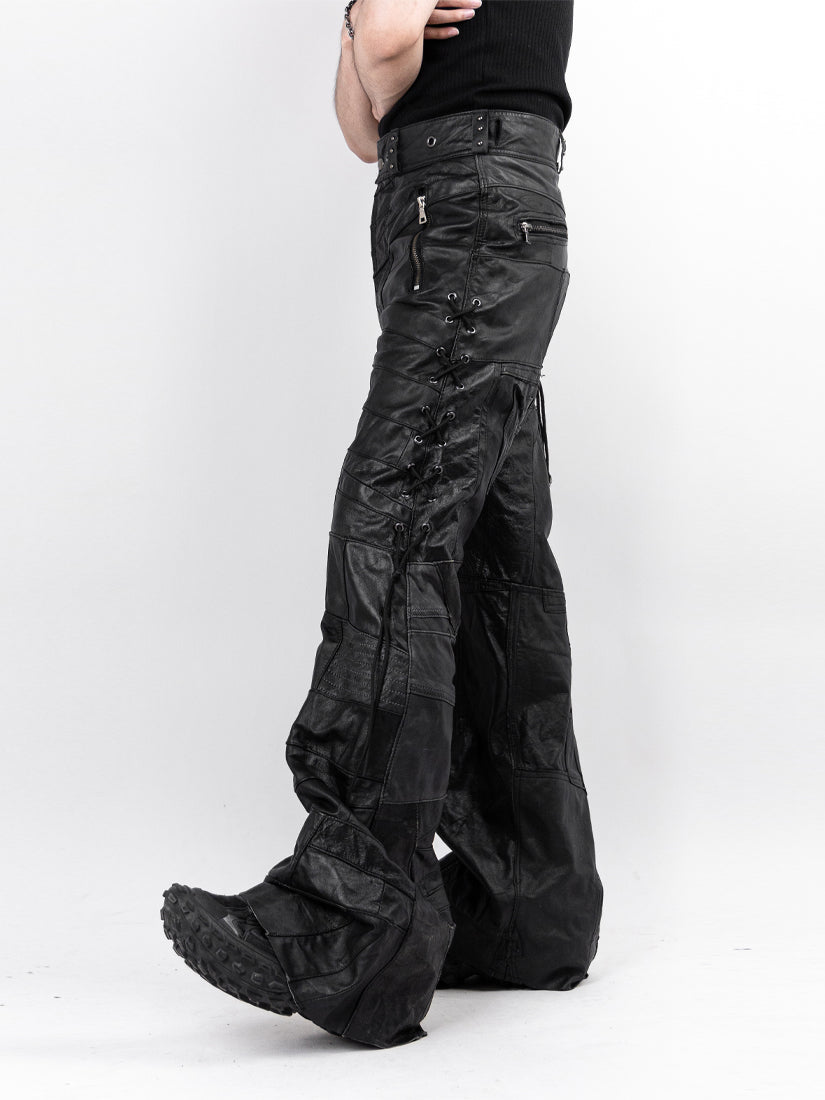 Patchowork Strap Design Leather Pants