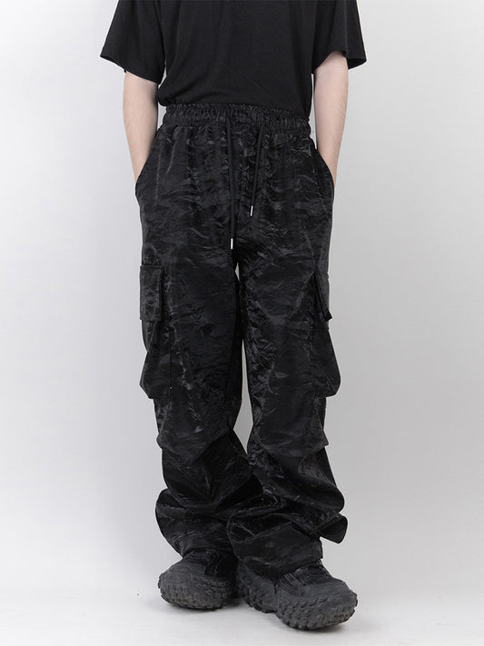 Leather cracked elastic wide trousers 