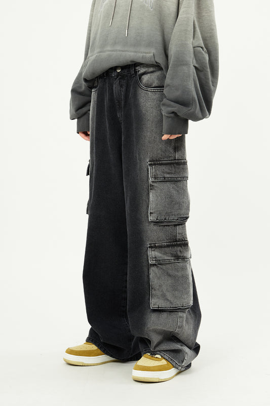 Heavy multi-cargo side brushed denim pants 