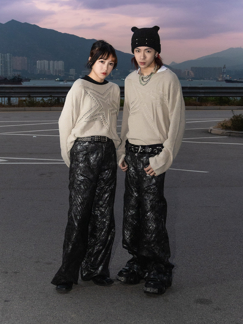 American street biker pleated leather pants