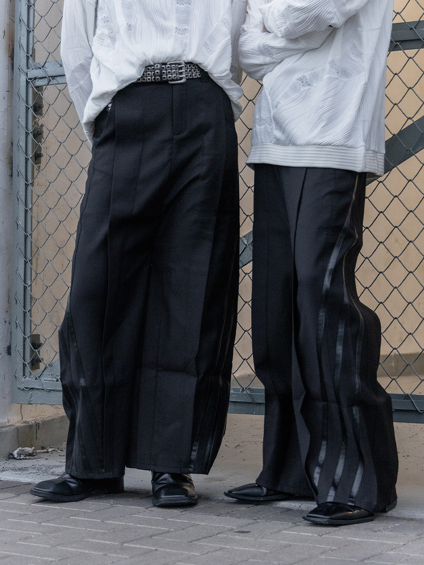 Three-dimensional cut striped patchwork trousers