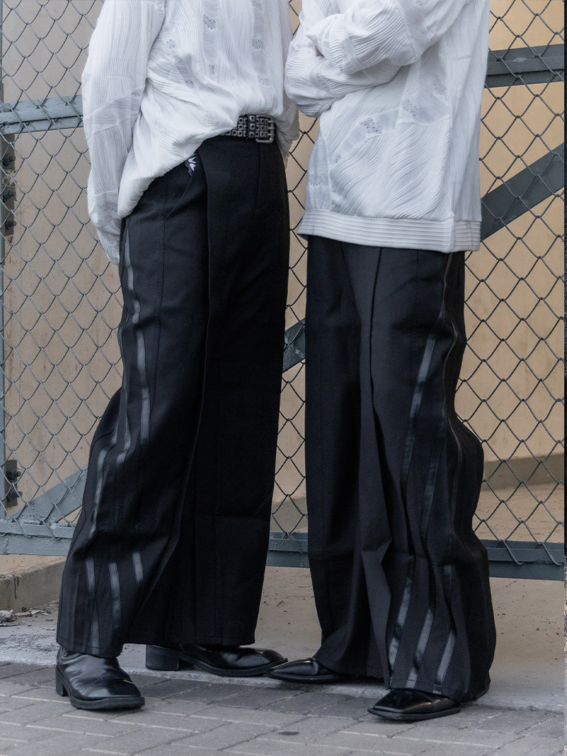 Three-dimensional cut striped patchwork trousers