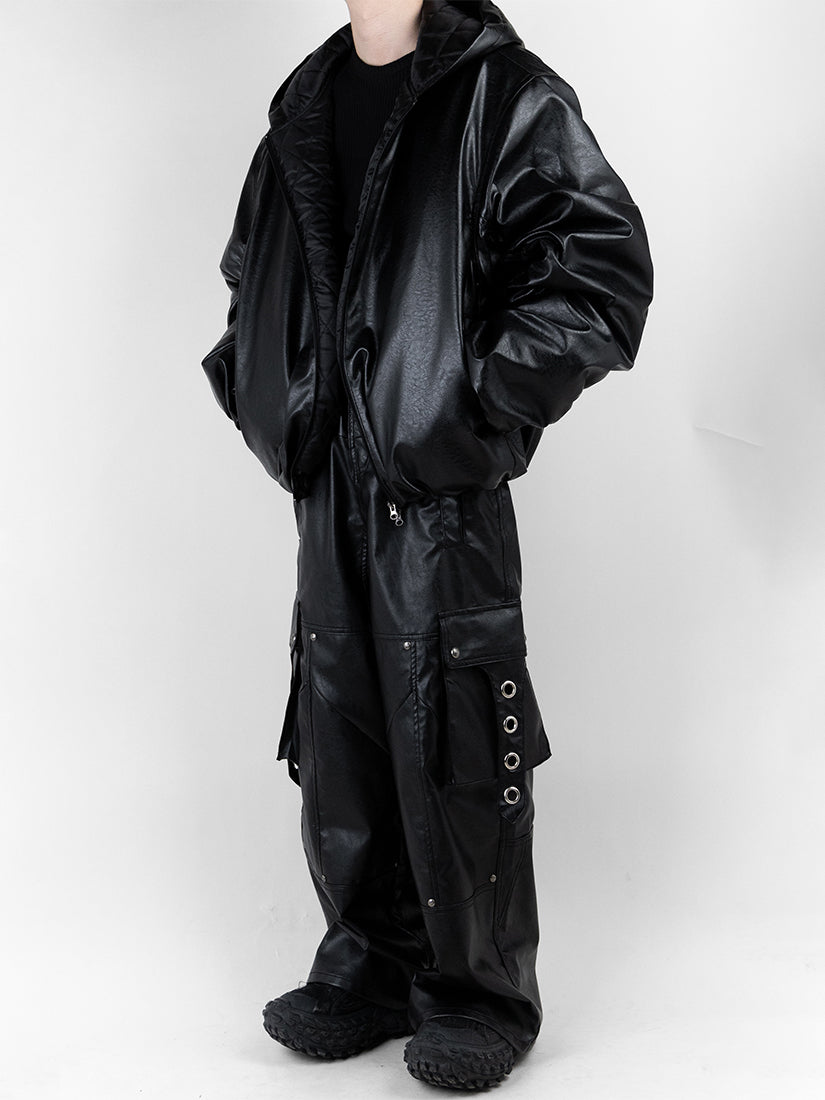 Large Fit Leather Hooded Bomber Jacket