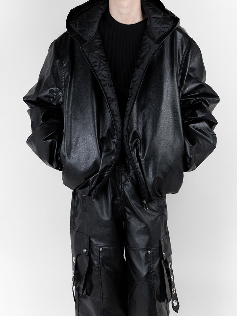 Large Fit Leather Hooded Bomber Jacket