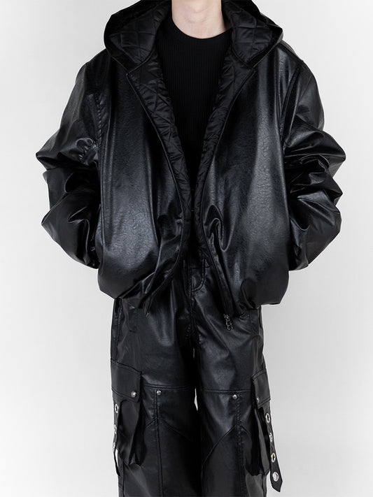 Large Fit Leather Hooded Bomber Jacket